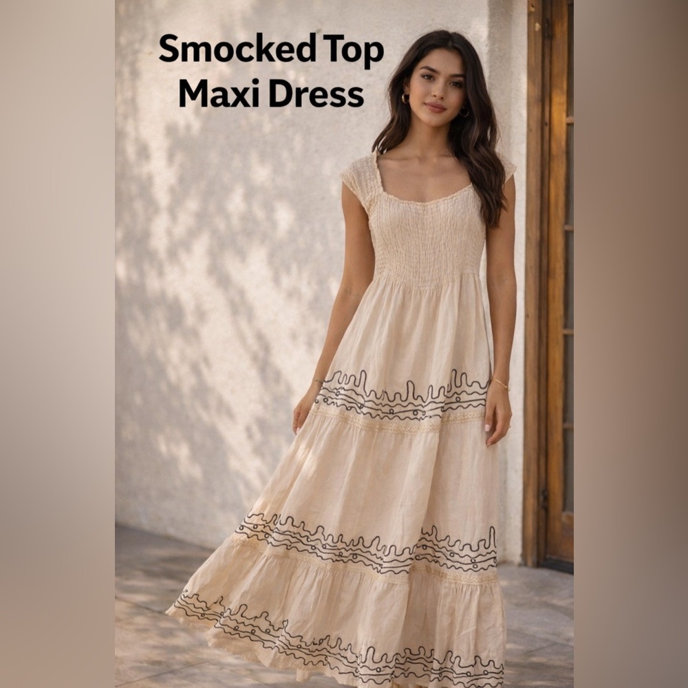Exist /Smocked Top Maxi Dress – Size L– NWT – Boho Cream w/ Black Embroidery